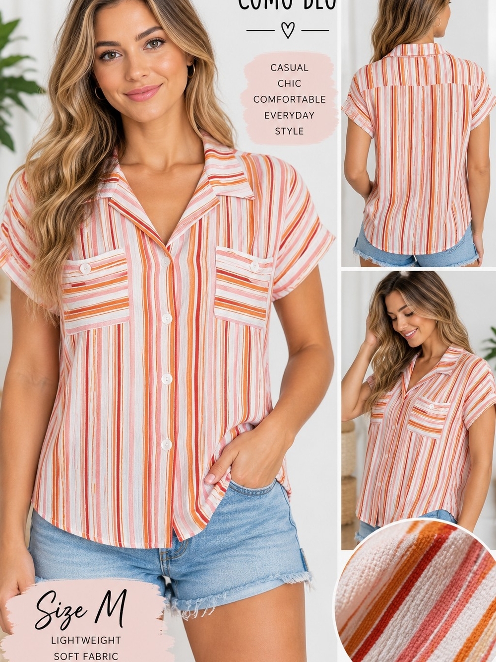 Como Blu Women’s Medium Striped Button Front Short Sleeve Blouse Orange Pink